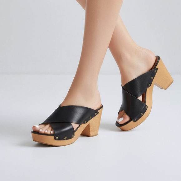 Lucky Brand Shoes - Lucky Brand Black Leather Summer Boho Retro Mules Tan Wooden Heel 9.5